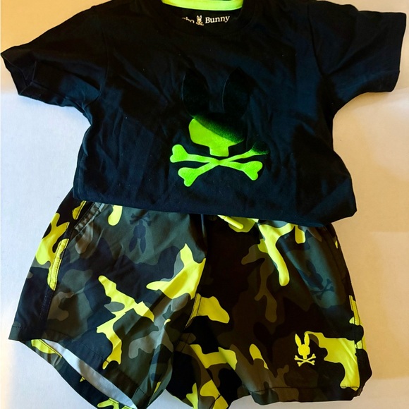 Psycho Bunny Black Tee with Green Logo and Yellow Camo Shorts